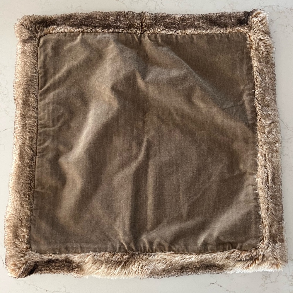 Pottery Barn Velvet And Faux Fur Trim 20"x 20” Taupe/Brown Pillow Cover